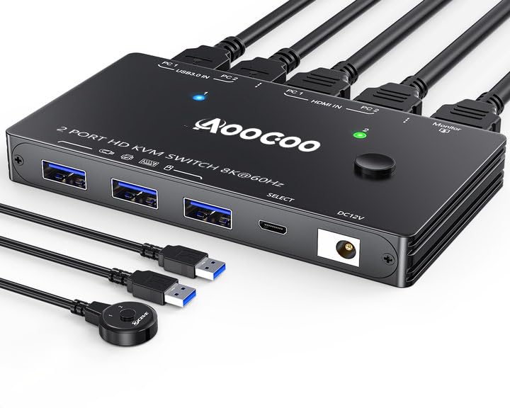 AOOCOO مفتاح KVM HDMI 1 شاشات 2 كمبيوتر 8K@60Hz/4K@120Hz مفاتيح KVM مع منفذ USB 3.0، جهاز تحكم سلكي، محول طاقة وكابلات USB3.0 متضمنة - Image 1